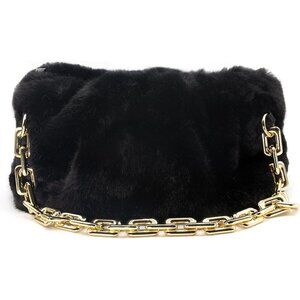 Elegant Ruched Chain Pouch Clutch - Black Faux Fur Handbag for All Occasions